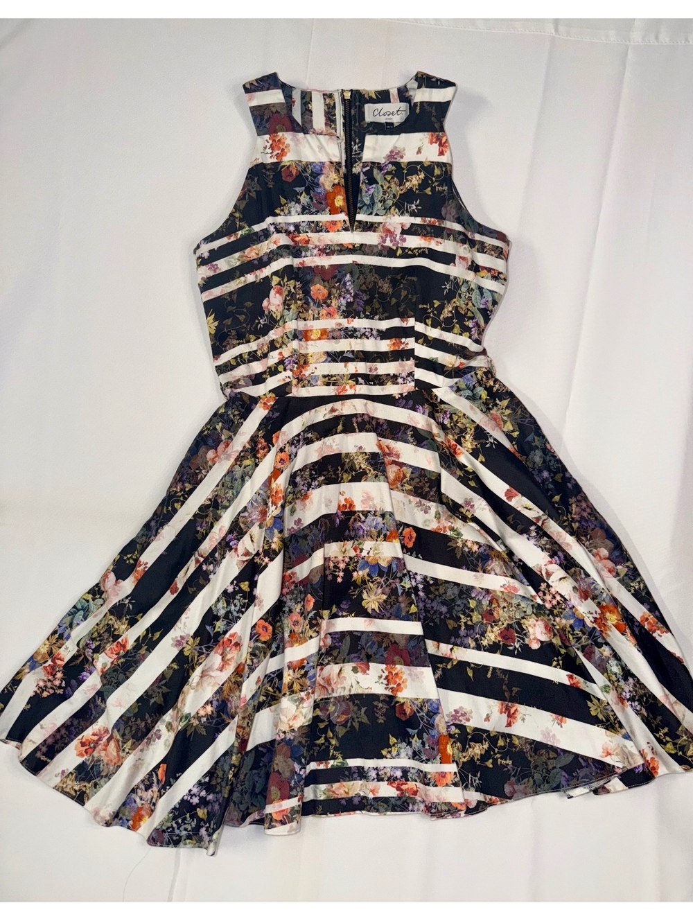 Closet London Floral and Striped Fit and Flare Dress UK 12 US 8